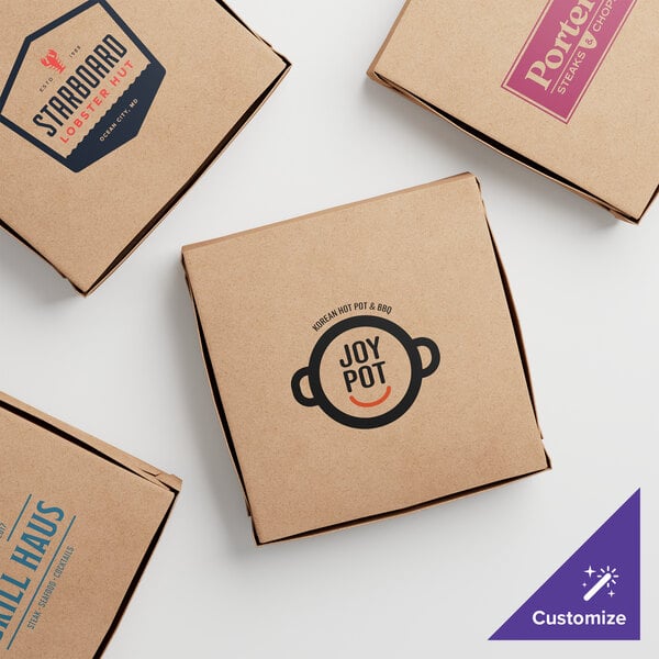 Three customizable kraft pizza boxes with logos.
