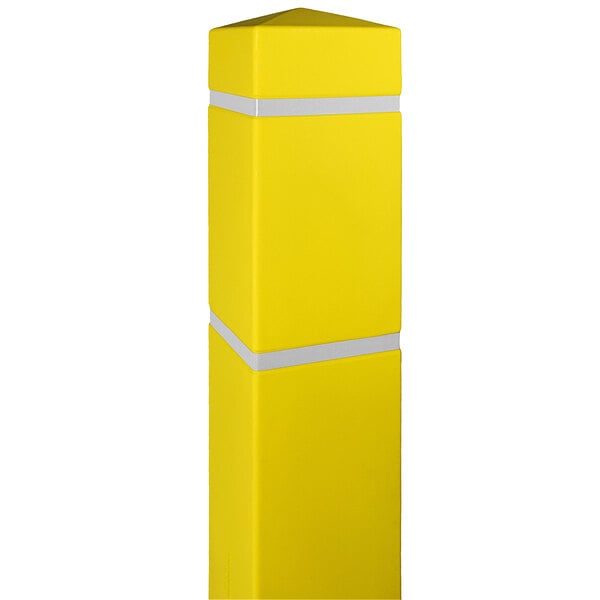 A yellow rectangular Innoplast BollardGard cover with white stripes.