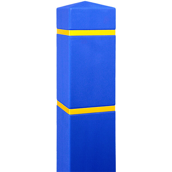 A blue rectangular bollard cover with yellow reflective stripes.