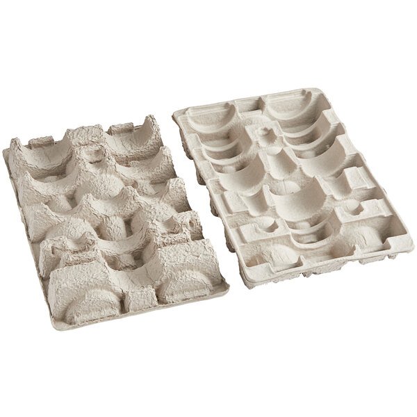 A close-up of a Lavex molded fiber wine bottle shipper tray.