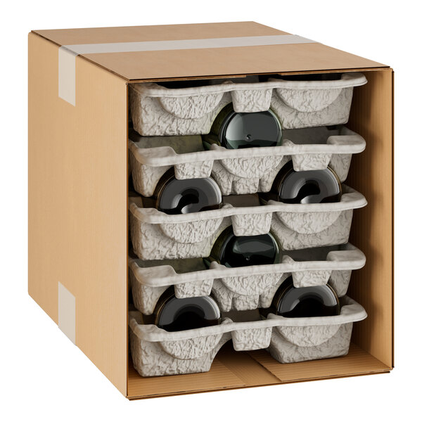 A white cardboard box with a Lavex molded fiber container holding 12 bottles of wine.