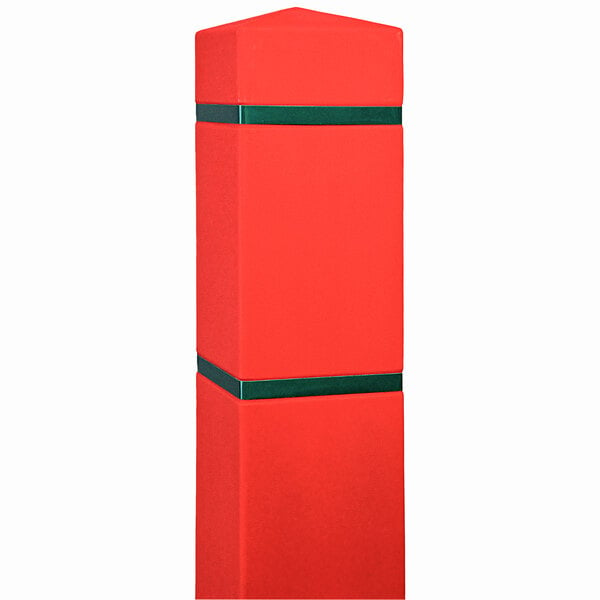 A red Innoplast bollard cover with green reflective stripes.