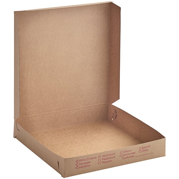 A Choice cardboard pizza box with the lid open.