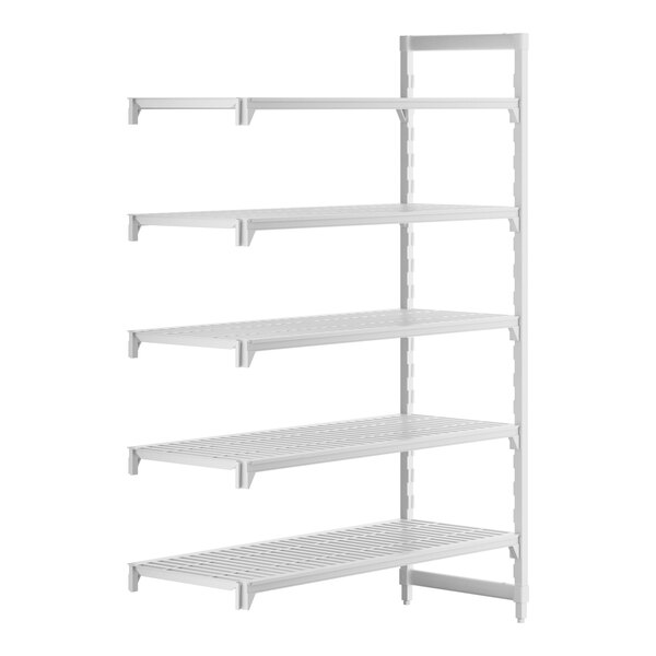 A white plastic Cambro Camshelving® Premium vented add on unit with 5 shelves.