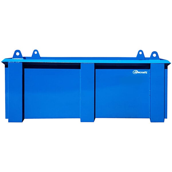 A blue rectangular steel lift box with white text.