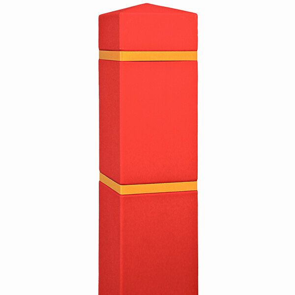 A red square bollard with a yellow reflective stripe on the top.