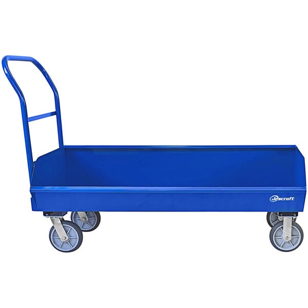 A blue Jescraft low profile chip cart with wheels.