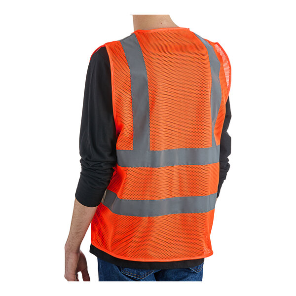 An extra large orange Lavex safety vest with reflective stripes and zipper closure.