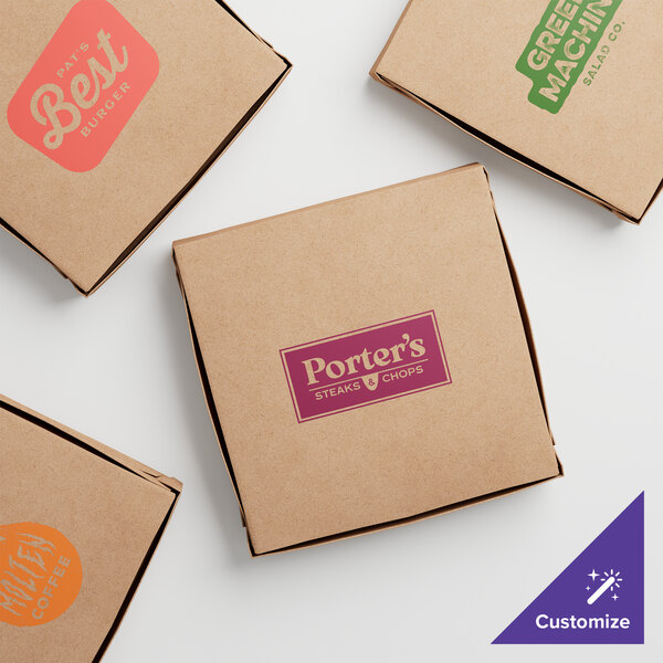 Three brown Choice pizza boxes with a purple logo.