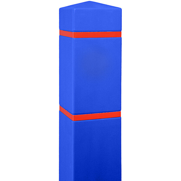 A blue BollardGard cover with red reflective stripes on a blue bollard.