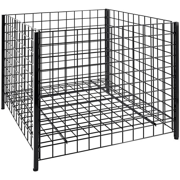 A black metal wire dump bin with grids.