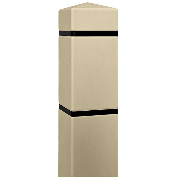 A tan Innoplast square bollard cover with black reflective stripes.