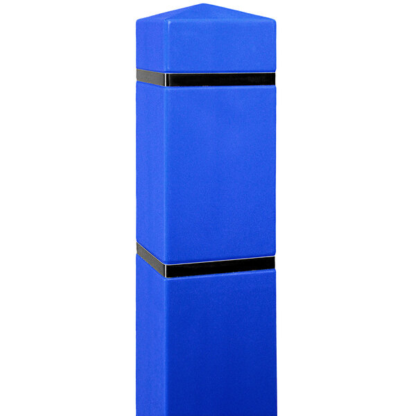 A blue Innoplast bollard cover with black reflective stripes on the top and bottom.