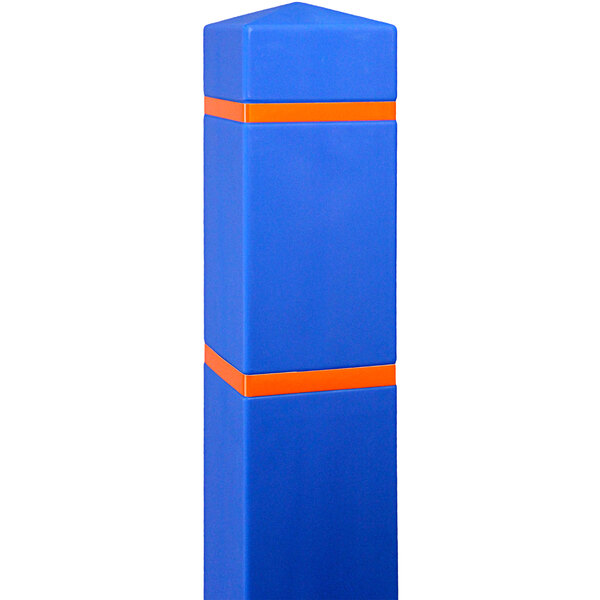 A blue bollard cover with orange reflective stripes over a blue bollard.