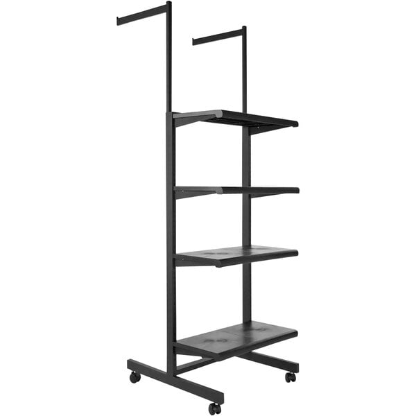 A black metal mobile cross-merchandiser with 4 shelves and 2 hang rails.