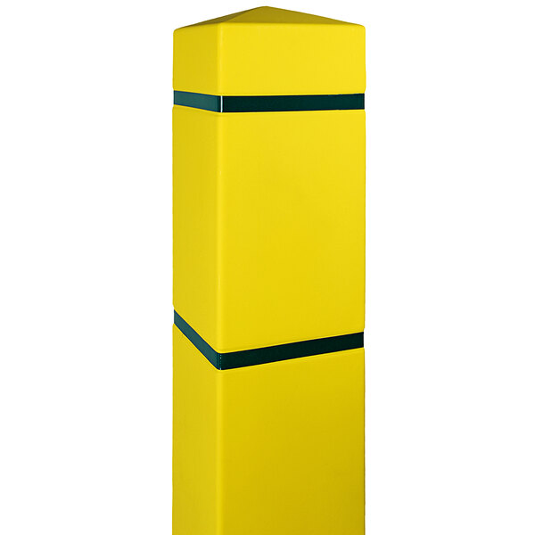 A yellow Innoplast bollard cover with green reflective stripes over a yellow pillar.