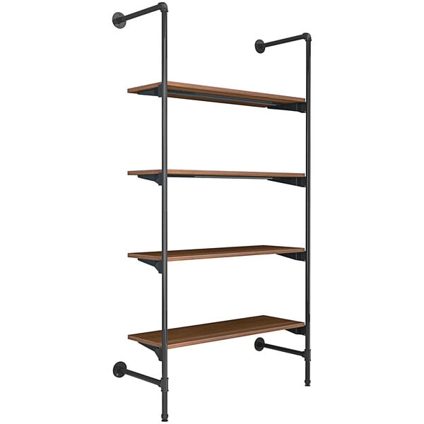 An Econoco industrial-style outrigger kit with brown woodgrain shelves on a metal pipe.
