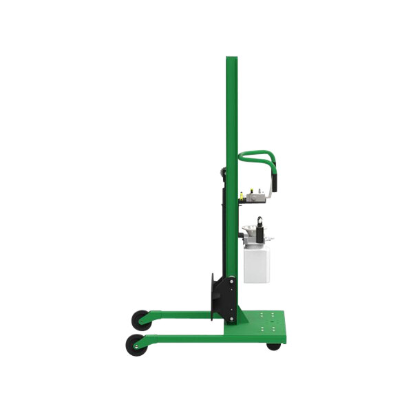 A green and black pneumatic lift and stacker with wheels.