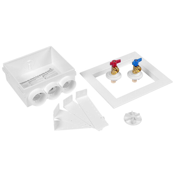 A white plastic Oatey washing machine outlet box with a couple of valves.