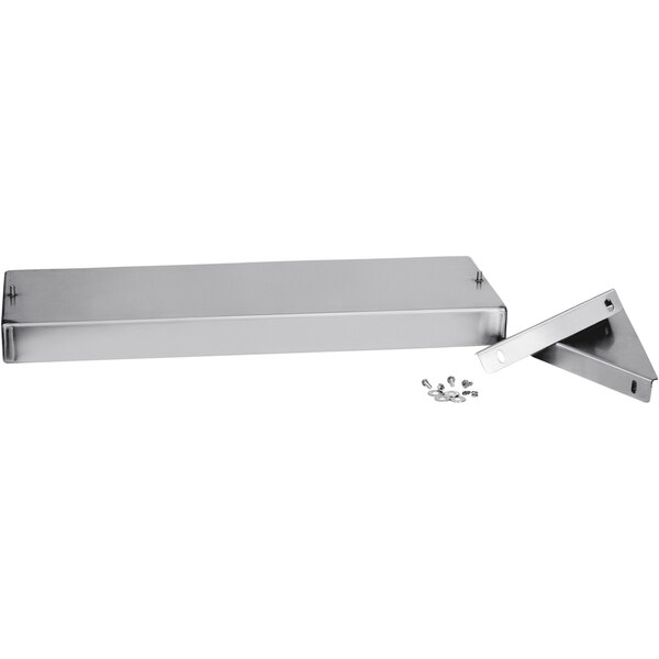 A white rectangular metal shelf with screws and studs.