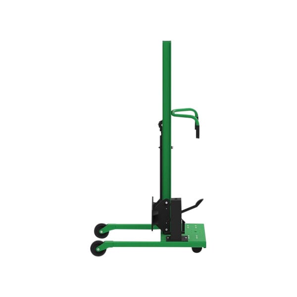 A green and black straddle lift with wheels.