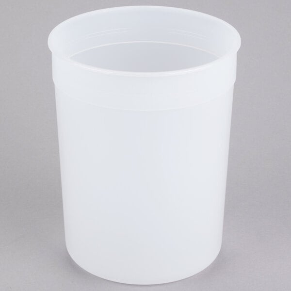 A white translucent round deli container with a lid on it.