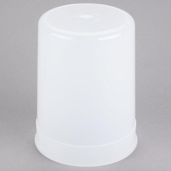 A translucent white plastic container with a white lid.
