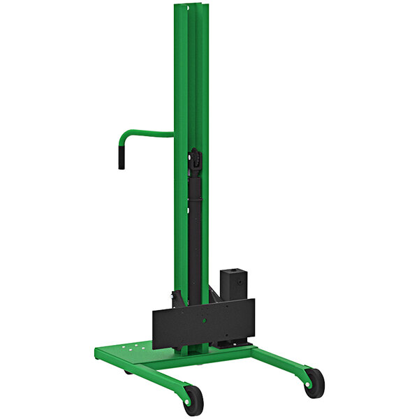 A green and black Valley Craft steel straddled lift on wheels.