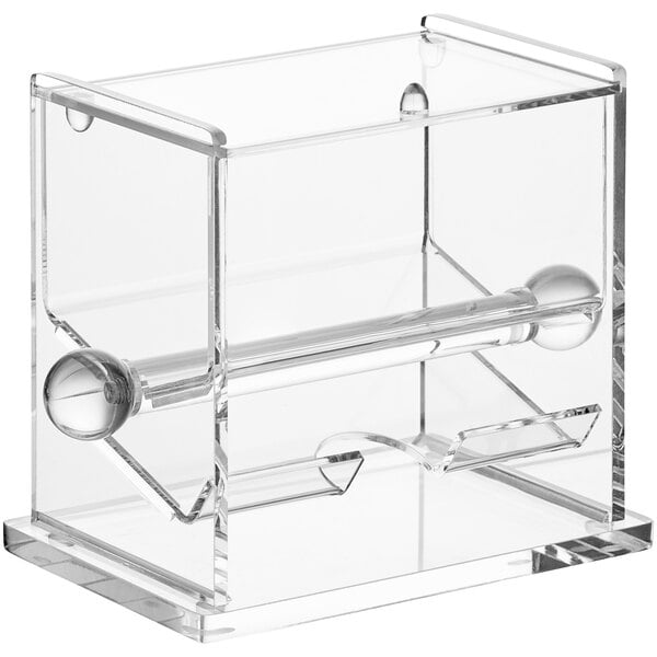 A clear acrylic container with a metal handle for Choice stirrer straws with a clear lid and two balls on top.