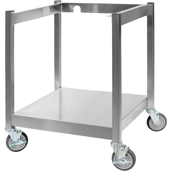 An AccuTemp stainless steel cart with wheels.