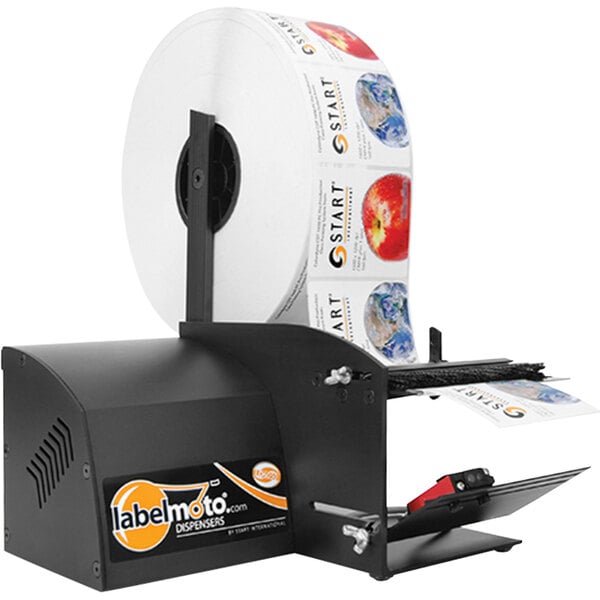 A Start International LD6050 electric label dispenser with a roll of labels on it.