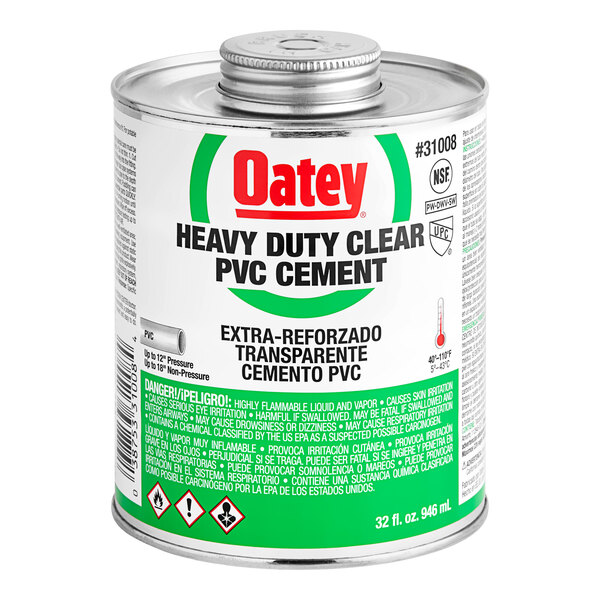 A 32 oz. can of Oatey Heavy-Duty Clear PVC Cement with a green label.