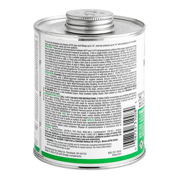 A white can of Oatey PVC cement with black text on it.