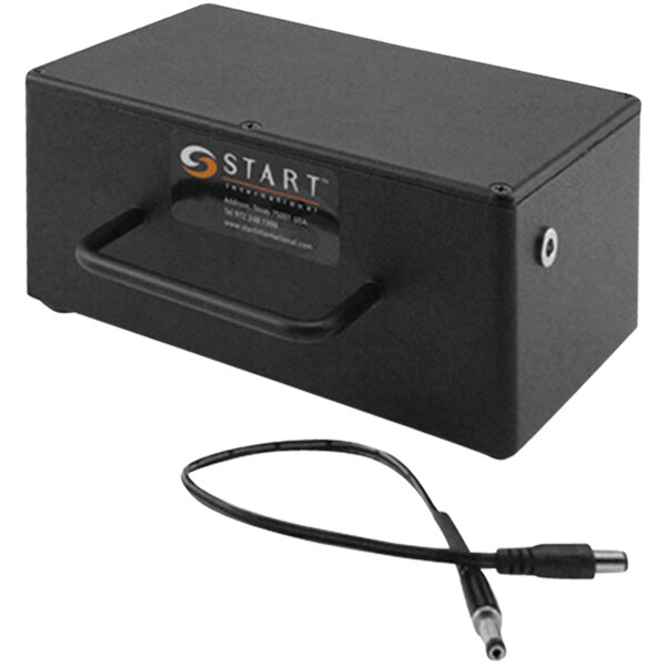 A black Start International rechargeable battery pack with a handle and a cable.