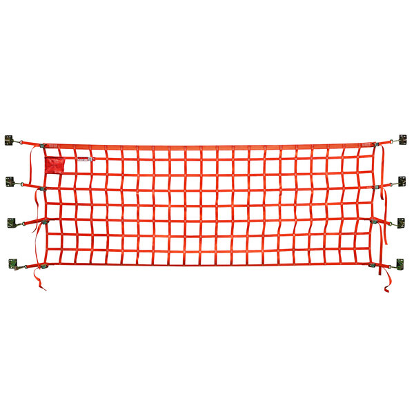 An orange US Netting safety net with metal clips on the corners.