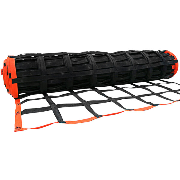 A roll of black and orange US Netting plastic mesh.