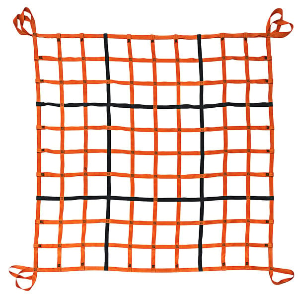 A white and black US Netting cargo lifting net with straps on it.