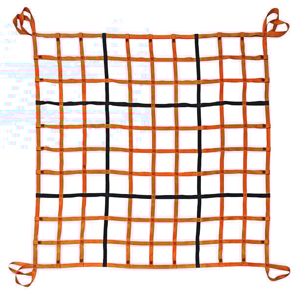 A US Netting orange and black cargo lifting net with straps on it.