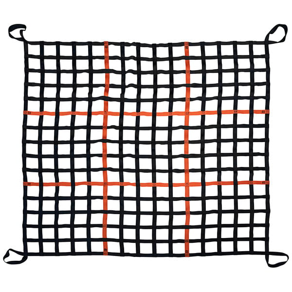 A black and orange polyester mesh net with a black and orange grid.