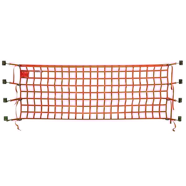 An orange safety net with metal clips on the corners.