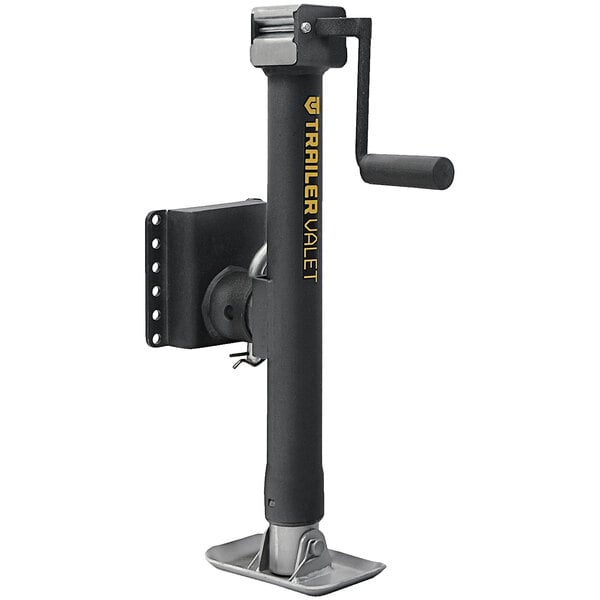 A black Trailer Valet JX tongue jack with a black handle.