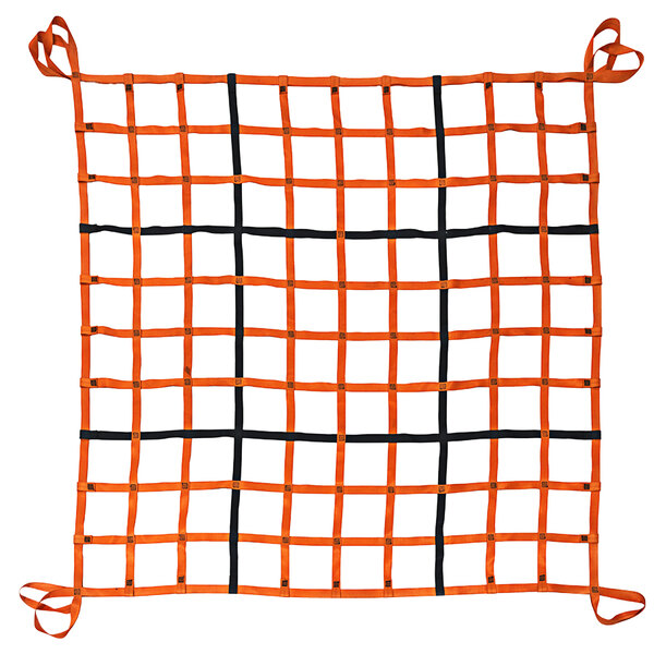 A US Netting orange and black cargo lifting net with straps.