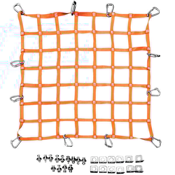 An orange net with metal angle brackets and clips.
