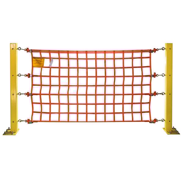An orange safety net with metal poles.