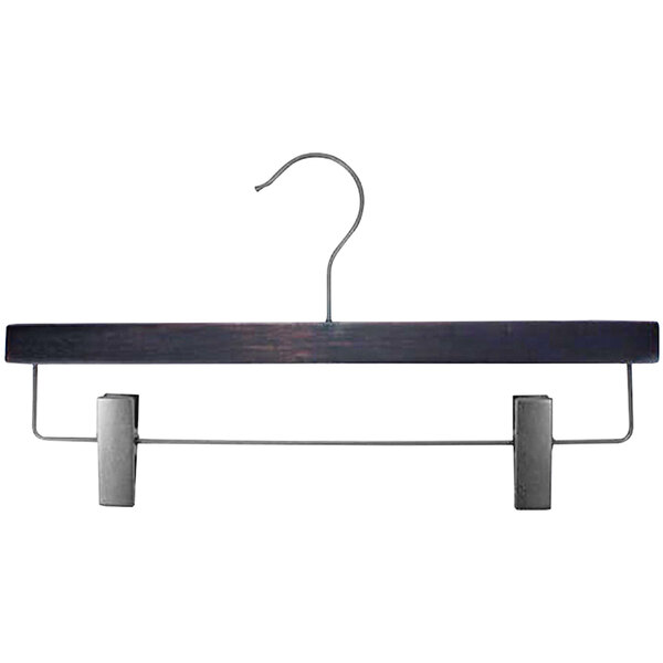 A 14" wooden skirt hanger with gunmetal hardware.