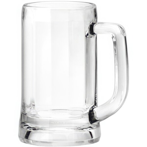 A clear glass Munich beer mug with a handle.