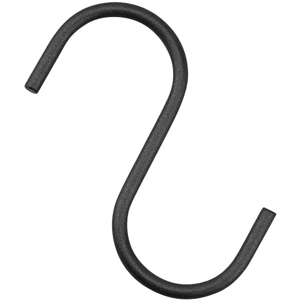 A black s-shaped metal pants hook on a white background.