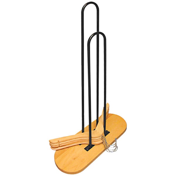 A 34" wooden hanger stacker with metal hooks and a metal stand.