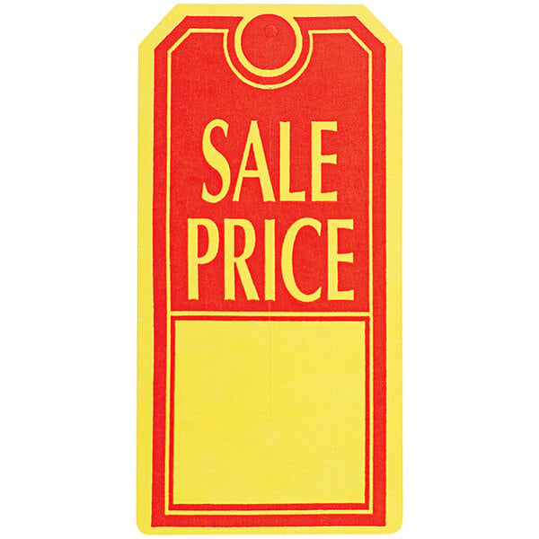 A red and yellow rectangular price tag with a hole in the top.