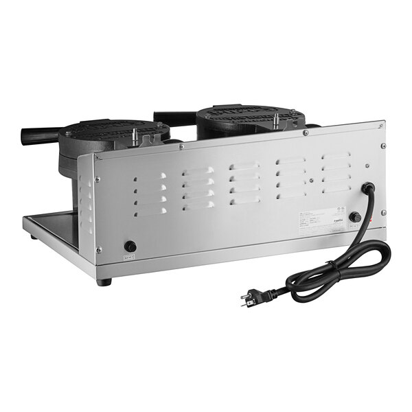 A black and silver Estella Double Belgian Waffle Maker with a black cord.